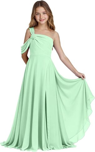 One Shoulder Junior Bridesmaid Dresses Chiffon Flower Girl Dress for Wedding Guess Formal Dress with Slit in Saudi Arabia