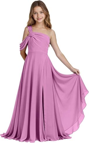 One Shoulder Junior Bridesmaid Dresses Chiffon Flower Girl Dress for Wedding Guess Formal Dress with Slit in Saudi Arabia