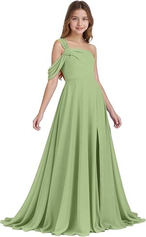 One Shoulder Junior Bridesmaid Dresses Chiffon Flower Girl Dress for Wedding Guess Formal Dress with Slit in Saudi Arabia