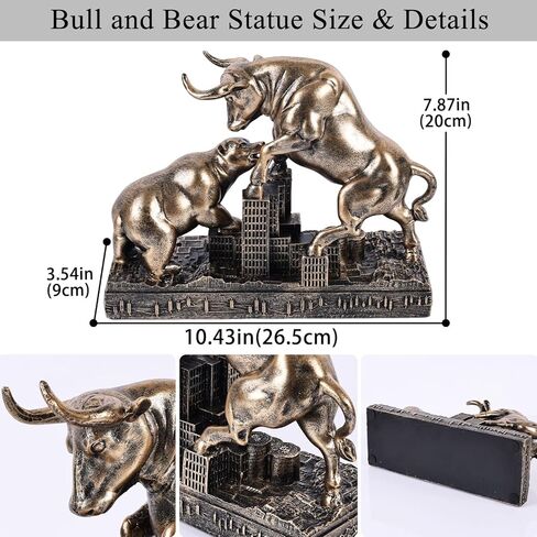 Bull and Bear Statue Wall Street Bull Statue - Ideal Stock Market Gift for Men Office Decoration Wall Street Bull Vs Bear Home Décor Stock Market Bull Figurine Finance Office Decor Financial (Bronze) in Saudi Arabia
