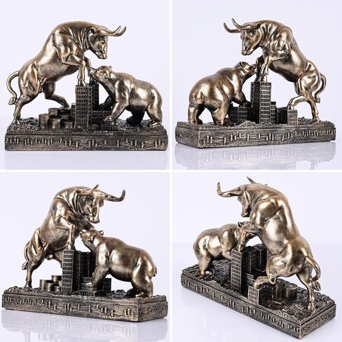 Bull and Bear Statue Wall Street Bull Statue - Ideal Stock Market Gift for Men Office Decoration Wall Street Bull Vs Bear Home Décor Stock Market Bull Figurine Finance Office Decor Financial (Bronze) in Saudi Arabia