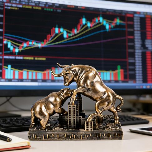 Bull and Bear Statue Wall Street Bull Statue - Ideal Stock Market Gift for Men Office Decoration Wall Street Bull Vs Bear Home Décor Stock Market Bull Figurine Finance Office Decor Financial (Bronze) in Saudi Arabia