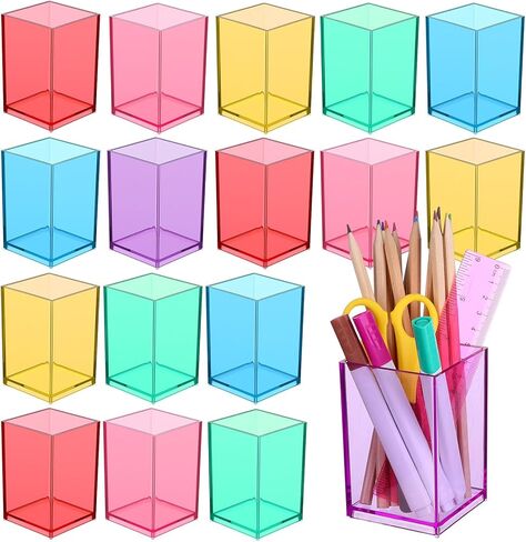 18 Pack Colorful Clear Acrylic Pen Holder Colorful Desktop Pencil Cup Acrylic Square Pencil Organizer Makeup Brush Holder Desk Pencil Cup Stationery Organizer for Desk Dorm Home Office Supply in Kuwait