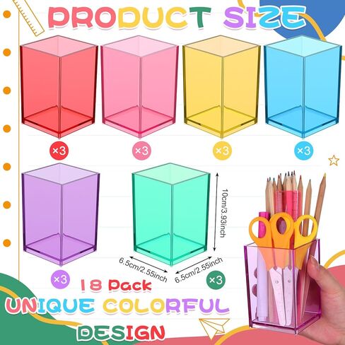 18 Pack Colorful Clear Acrylic Pen Holder Colorful Desktop Pencil Cup Acrylic Square Pencil Organizer Makeup Brush Holder Desk Pencil Cup Stationery Organizer for Desk Dorm Home Office Supply in Kuwait