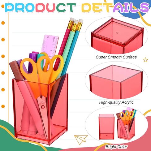 18 Pack Colorful Clear Acrylic Pen Holder Colorful Desktop Pencil Cup Acrylic Square Pencil Organizer Makeup Brush Holder Desk Pencil Cup Stationery Organizer for Desk Dorm Home Office Supply in Kuwait