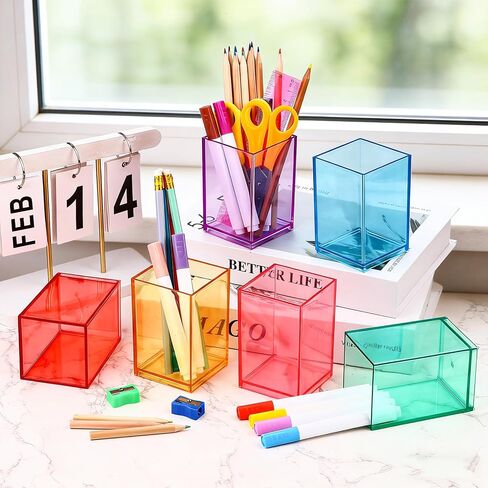 18 Pack Colorful Clear Acrylic Pen Holder Colorful Desktop Pencil Cup Acrylic Square Pencil Organizer Makeup Brush Holder Desk Pencil Cup Stationery Organizer for Desk Dorm Home Office Supply in Kuwait