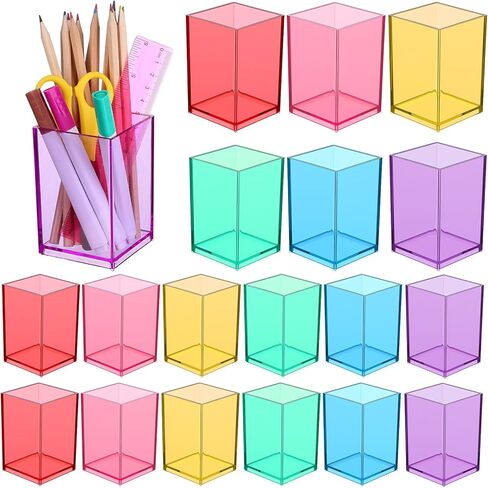 18 Pack Colorful Clear Acrylic Pen Holder Colorful Desktop Pencil Cup Acrylic Square Pencil Organizer Makeup Brush Holder Desk Pencil Cup Stationery Organizer for Desk Dorm Home Office Supply in Kuwait