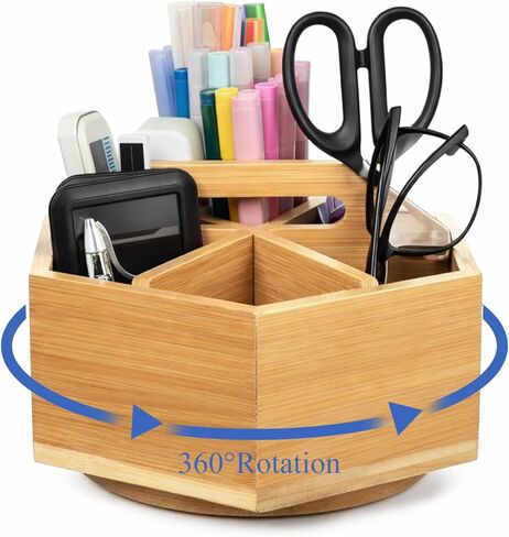 منظم مكتب مستلزمات فنية دوارة من الخيزران، منظم أقلام تحديد دوارة لعلامات الكحول، علبة تخزين سطح المكتب للوازم المكتبية، تخزين الخيزران يدور 360 درجة لأقلام الرصاص والقلم وفرش الطلاء in Kuwait