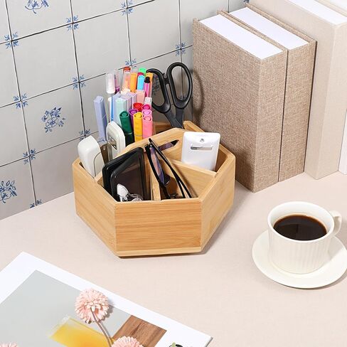 منظم مكتب مستلزمات فنية دوارة من الخيزران، منظم أقلام تحديد دوارة لعلامات الكحول، علبة تخزين سطح المكتب للوازم المكتبية، تخزين الخيزران يدور 360 درجة لأقلام الرصاص والقلم وفرش الطلاء in Kuwait