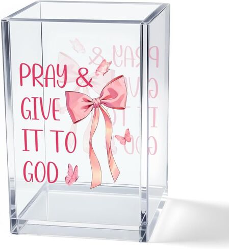 Pray & Give It To God Girly Acrylic Cosmetic Pencil Pen Holder Cup, Coquette Bow Preppy Desk Organizer Accessories for Home Office Decor, Pink Christian Gifts for Women Girl Daughter Coworker in Saudi Arabia