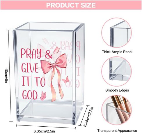 Pray & Give It To God Girly Acrylic Cosmetic Pencil Pen Holder Cup, Coquette Bow Preppy Desk Organizer Accessories for Home Office Decor, Pink Christian Gifts for Women Girl Daughter Coworker in Saudi Arabia
