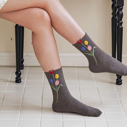 جوارب نسائية بنمط زهرة التوليب مكونة من مزيج القطن مكونة من 4 أزواج in Kuwait