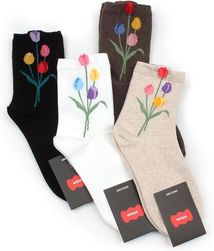 جوارب نسائية بنمط زهرة التوليب مكونة من مزيج القطن مكونة من 4 أزواج in Kuwait