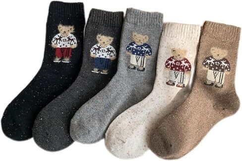 Bear Crew Socks 5 Pairs Female Cute Bear Embroidered Cotton Crew Socks Female Cute Mid-tube Socks Warm and Soft in Kuwait
