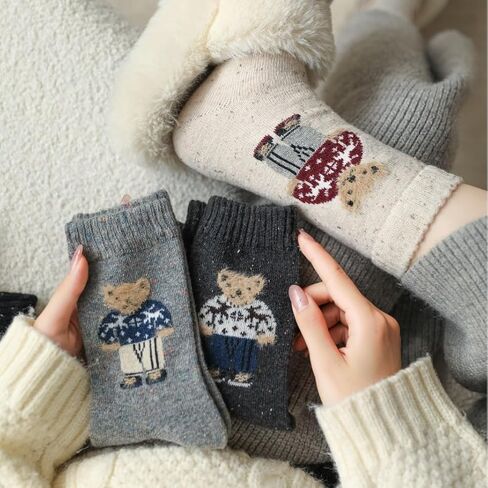 Bear Crew Socks 5 Pairs Female Cute Bear Embroidered Cotton Crew Socks Female Cute Mid-tube Socks Warm and Soft in Kuwait