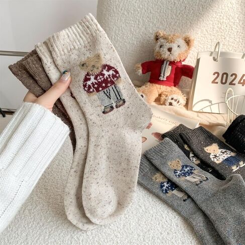 Bear Crew Socks 5 Pairs Female Cute Bear Embroidered Cotton Crew Socks Female Cute Mid-tube Socks Warm and Soft in Kuwait