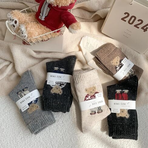 Bear Crew Socks 5 Pairs Female Cute Bear Embroidered Cotton Crew Socks Female Cute Mid-tube Socks Warm and Soft in Kuwait