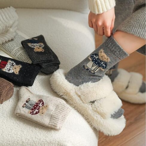 Bear Crew Socks 5 Pairs Female Cute Bear Embroidered Cotton Crew Socks Female Cute Mid-tube Socks Warm and Soft in Kuwait