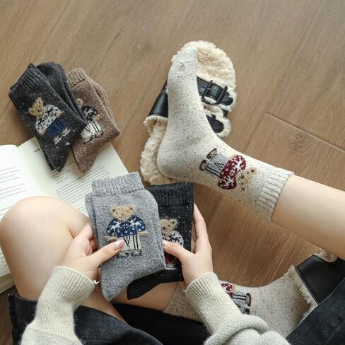 Bear Crew Socks 5 Pairs Female Cute Bear Embroidered Cotton Crew Socks Female Cute Mid-tube Socks Warm and Soft in Kuwait