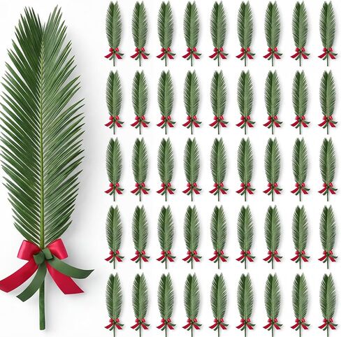 40 Pcs Easter Palm Leaves Decor Artificial Green Foliage Leaf with Red Ribbon for Palms Sunday 20.4 Inch Outdoor Faux Tropical Leaves for Easter Home Decor Party Supplies in Kuwait