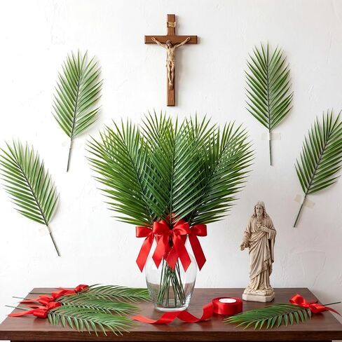 40 Pcs Easter Palm Leaves Decor Artificial Green Foliage Leaf with Red Ribbon for Palms Sunday 20.4 Inch Outdoor Faux Tropical Leaves for Easter Home Decor Party Supplies in Kuwait