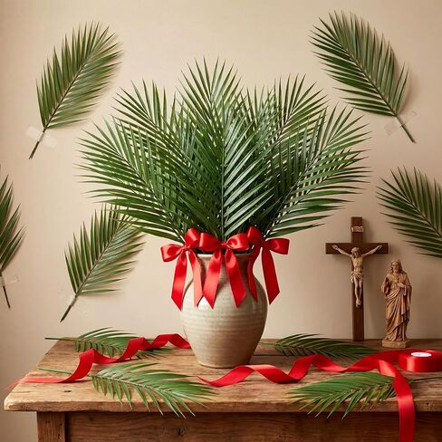 40 Pcs Easter Palm Leaves Decor Artificial Green Foliage Leaf with Red Ribbon for Palms Sunday 20.4 Inch Outdoor Faux Tropical Leaves for Easter Home Decor Party Supplies in Kuwait