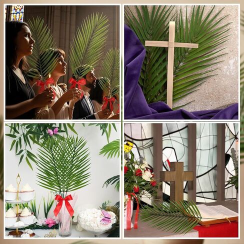 40 Pcs Easter Palm Leaves Decor Artificial Green Foliage Leaf with Red Ribbon for Palms Sunday 20.4 Inch Outdoor Faux Tropical Leaves for Easter Home Decor Party Supplies in Kuwait