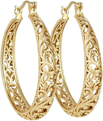 Gold Hoop Earrings for Women, Large Graduated Hoop Earrings with Scrollwork Detailing, Filigree Hoop Earrings in 18K Gold Finish, Lightweight & Comfortable, Secure Lock - Gift for Her in Saudi Arabia