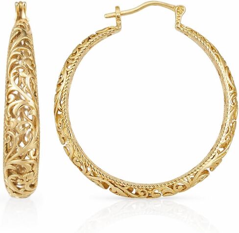 Gold Hoop Earrings for Women, Large Graduated Hoop Earrings with Scrollwork Detailing, Filigree Hoop Earrings in 18K Gold Finish, Lightweight & Comfortable, Secure Lock - Gift for Her in Saudi Arabia