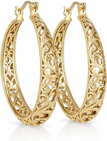 Gold Hoop Earrings for Women, Large Graduated Hoop Earrings with Scrollwork Detailing, Filigree Hoop Earrings in 18K Gold Finish, Lightweight & Comfortable, Secure Lock - Gift for Her in Saudi Arabia