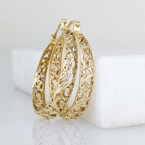 Gold Hoop Earrings for Women, Large Graduated Hoop Earrings with Scrollwork Detailing, Filigree Hoop Earrings in 18K Gold Finish, Lightweight & Comfortable, Secure Lock - Gift for Her in Saudi Arabia