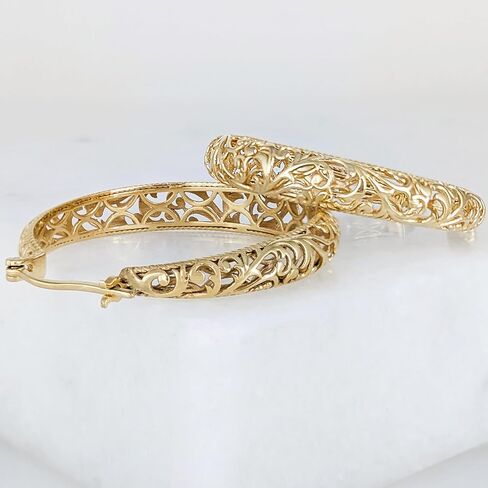 Gold Hoop Earrings for Women, Large Graduated Hoop Earrings with Scrollwork Detailing, Filigree Hoop Earrings in 18K Gold Finish, Lightweight & Comfortable, Secure Lock - Gift for Her in Saudi Arabia