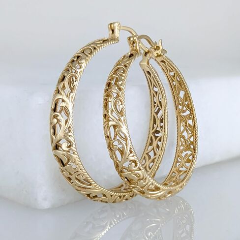 Gold Hoop Earrings for Women, Large Graduated Hoop Earrings with Scrollwork Detailing, Filigree Hoop Earrings in 18K Gold Finish, Lightweight & Comfortable, Secure Lock - Gift for Her in Saudi Arabia