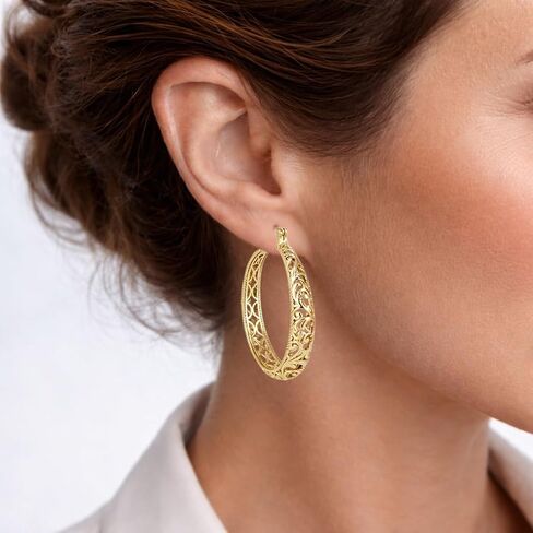 Gold Hoop Earrings for Women, Large Graduated Hoop Earrings with Scrollwork Detailing, Filigree Hoop Earrings in 18K Gold Finish, Lightweight & Comfortable, Secure Lock - Gift for Her in Saudi Arabia