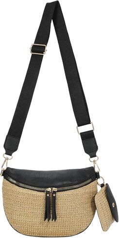 KUANG! Straw PU Leather Crossbody Sling Bag Bum Bag Summer Beach Handbags Wallets for Women with Small Purse in Saudi Arabia