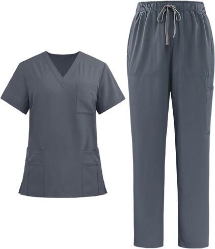 Women Scrub Set 12 Pockets Solid Stretch Scrubs Set Nurse Medical Uniform Workwear Mock Wrap Top and Straight-Leg in Kuwait
