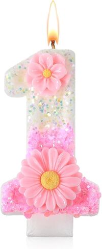 شمعة واحدة وردية، شمعة واحدة لعيد الميلاد الأول للفتيات، شموع لامعة لعيد الميلاد الأول مقاس 2.8 بوصة مع صينية للفتيات والأميرات وحفلات الحديقة (وردي) in Kuwait