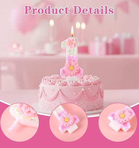 شمعة واحدة وردية، شمعة واحدة لعيد الميلاد الأول للفتيات، شموع لامعة لعيد الميلاد الأول مقاس 2.8 بوصة مع صينية للفتيات والأميرات وحفلات الحديقة (وردي) in Kuwait