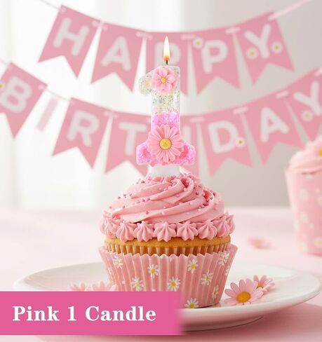 شمعة واحدة وردية، شمعة واحدة لعيد الميلاد الأول للفتيات، شموع لامعة لعيد الميلاد الأول مقاس 2.8 بوصة مع صينية للفتيات والأميرات وحفلات الحديقة (وردي) in Kuwait