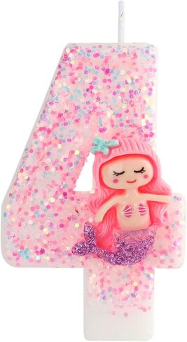 Pink 4 Candle, 4 Birthday Candle, Pink Glitter Mermaid Candle 4 for Cake, Cake Topper Decoration for Girls Women Mermaid Theme Birthday Party Anniversary Celebrations Supplies (4, Pink) in Saudi Arabia