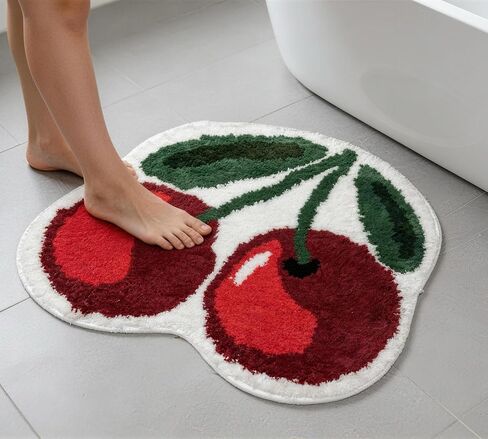 Cute Cherry Bath Mat, Non-Slip Absorbent Bath Mat Rug, Funny Cherry Bathroom Decor, Soft Flocked Bathroom Mat with Rubber Backing, 50x60cm in Kuwait