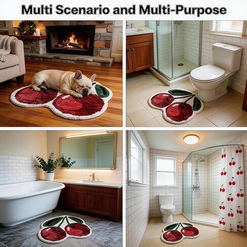 Cute Cherry Bath Mat, Non-Slip Absorbent Bath Mat Rug, Funny Cherry Bathroom Decor, Soft Flocked Bathroom Mat with Rubber Backing, 50x60cm in Kuwait