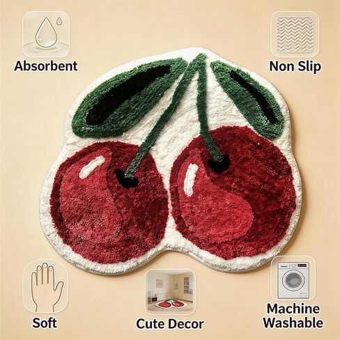 Cute Cherry Bath Mat, Non-Slip Absorbent Bath Mat Rug, Funny Cherry Bathroom Decor, Soft Flocked Bathroom Mat with Rubber Backing, 50x60cm in Kuwait