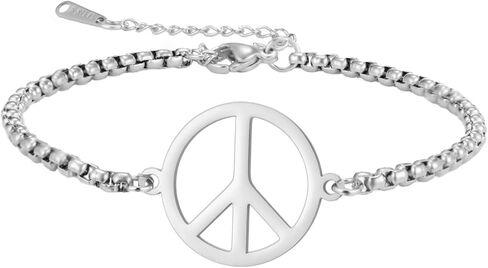 LIKGREAT Adjustable World Peace Symbol Bracelet for Women Stainless Steel Pendant Box Chain 1970s Jewelry in Kuwait