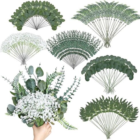 150 قطعة من سيقان الأوكالبتوس المختلطة الاصطناعية وأوراق السائبة، 6 أنواع من سيقان الأوكالبتوس الخضراء الصناعية المجففة DIY لحفلات الزفاف وخطوبة استحمام الطفل وباقات مزهرية للمنزل والمكتب in Kuwait