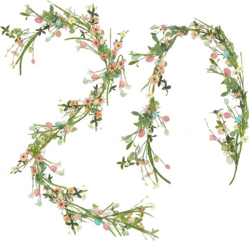 2Pc 6FT Easter Garland Artificial Spring Egg Garland Pastel Easter Mixed Berry Flower Eucalyptus Hanging Vine String for Rustic Mantle Porch Home Table Wall Window Decoration Tree Wreath Making in Saudi Arabia