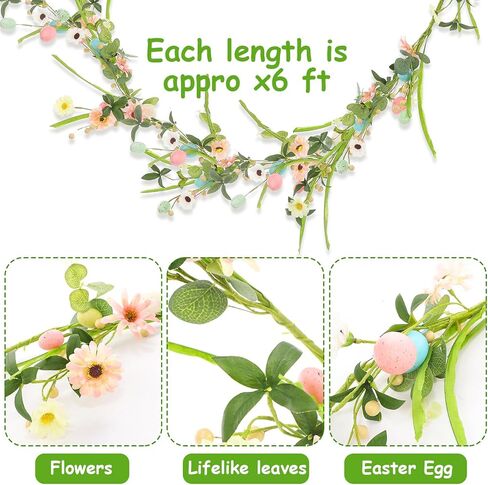 2Pc 6FT Easter Garland Artificial Spring Egg Garland Pastel Easter Mixed Berry Flower Eucalyptus Hanging Vine String for Rustic Mantle Porch Home Table Wall Window Decoration Tree Wreath Making in Saudi Arabia