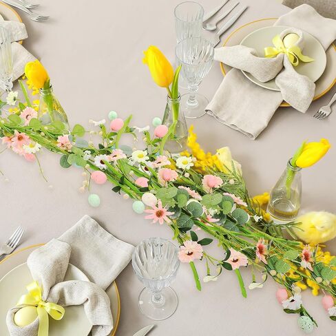 2Pc 6FT Easter Garland Artificial Spring Egg Garland Pastel Easter Mixed Berry Flower Eucalyptus Hanging Vine String for Rustic Mantle Porch Home Table Wall Window Decoration Tree Wreath Making in Saudi Arabia
