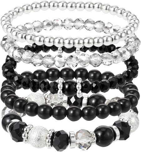Sibba 5 Pcs Beaded Stretch Bracelets Stackable Stylish Crystal Boho Beaded Bracelet for Women Stretch Layering Stone Bracelets Trendy Costume Jewelry Gift Multilayered Disco Ball Faceted Bracelet in Saudi Arabia