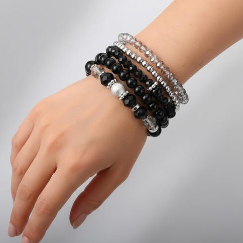 Sibba 5 Pcs Beaded Stretch Bracelets Stackable Stylish Crystal Boho Beaded Bracelet for Women Stretch Layering Stone Bracelets Trendy Costume Jewelry Gift Multilayered Disco Ball Faceted Bracelet in Saudi Arabia